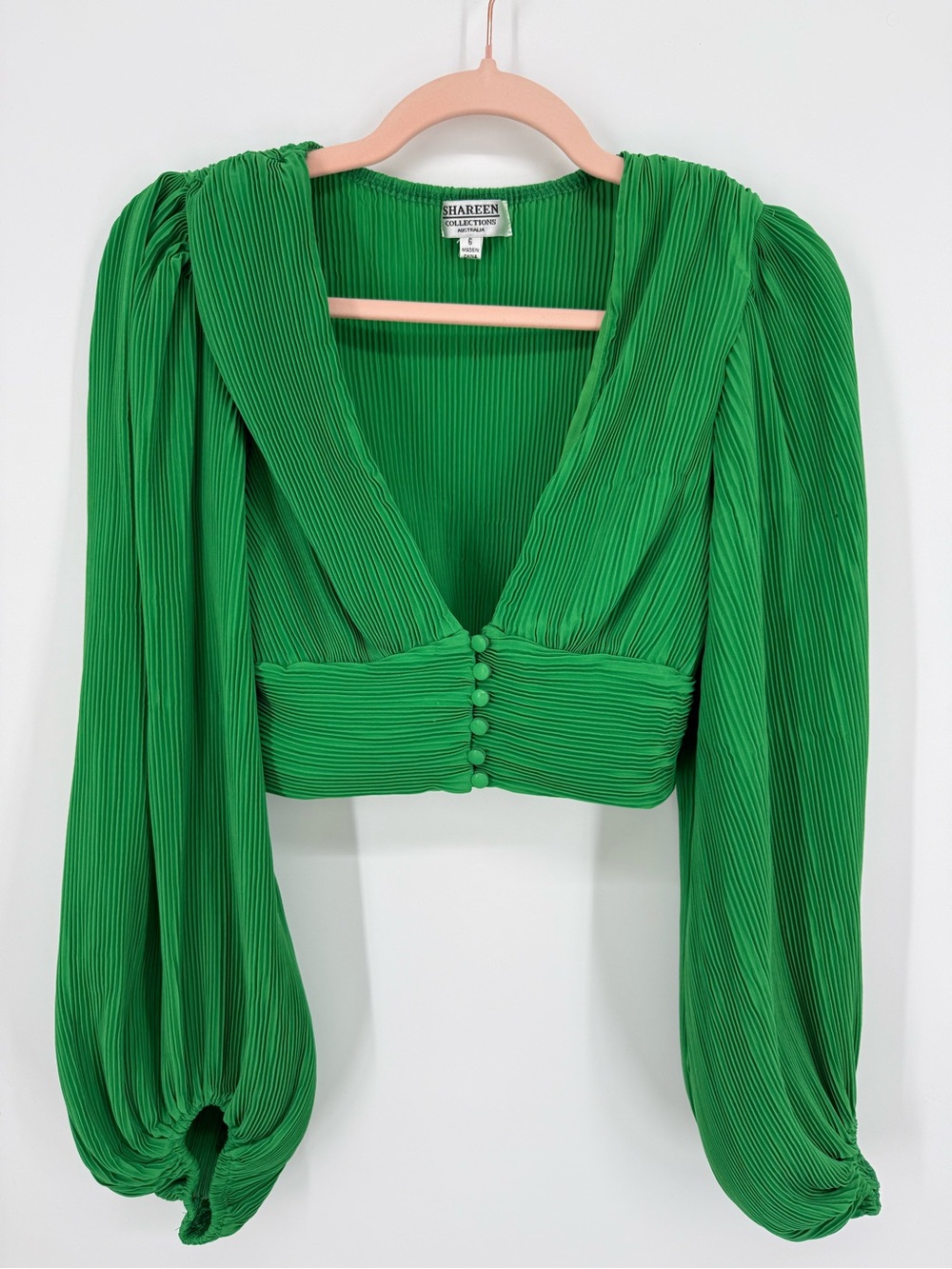 Shareen Women Pleated Balloon Ling Sleeve Plungeโ V Neck Crop Top Size 6